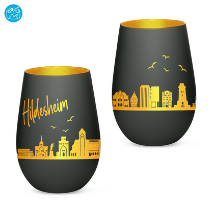 Hochwertiges Glas Windlicht mit Gravur "SKYLINE HILDESHEIM" in der Farbe Schwarz/Gold