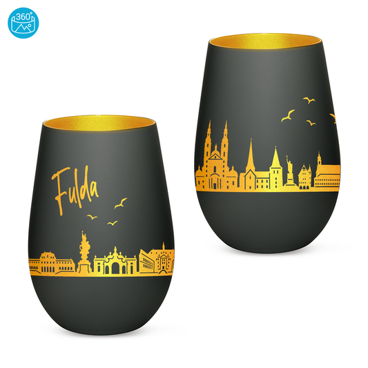Hochwertiges Glas Windlicht mit Gravur "SKYLINE FULDA" in der Farbe Schwarz/Gold