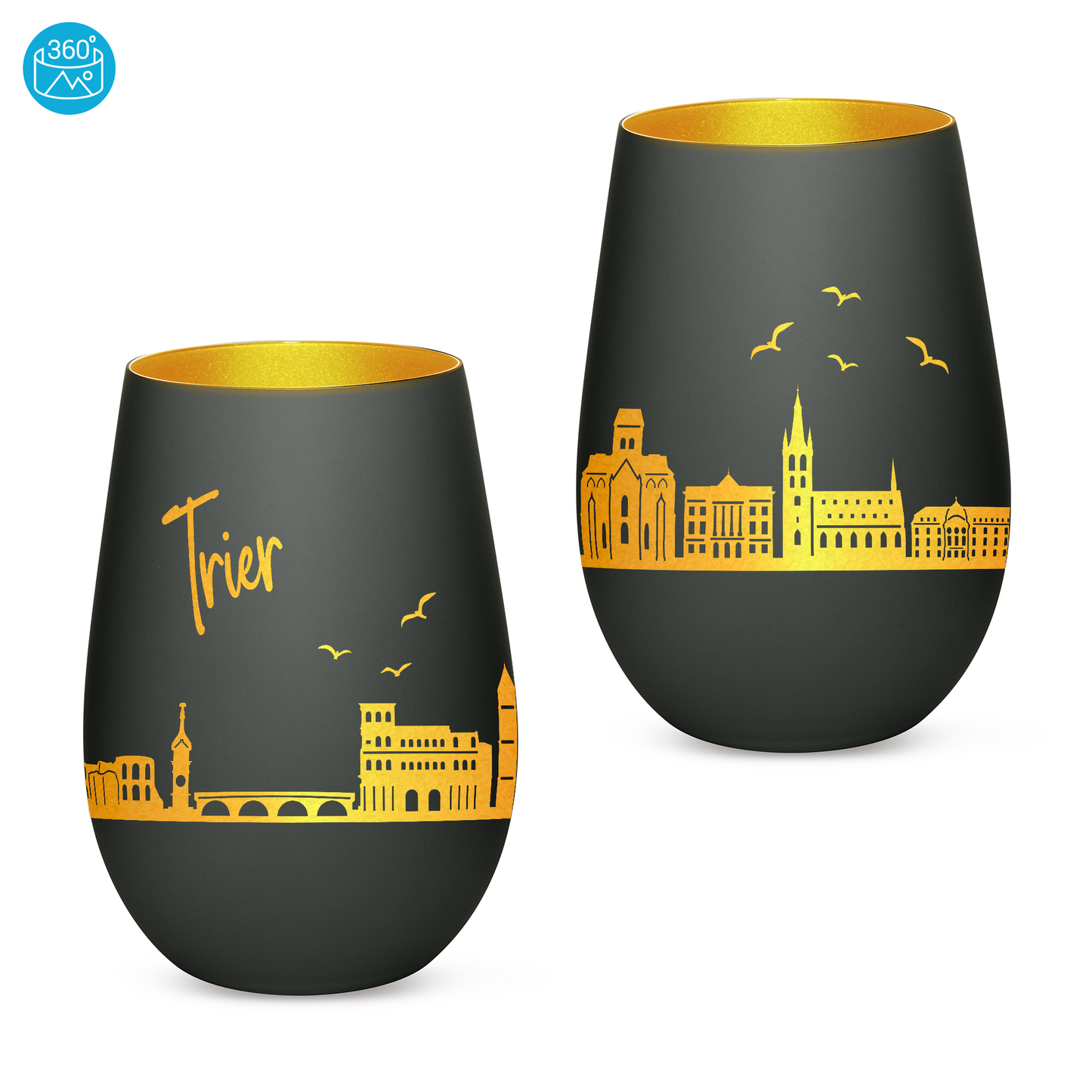 Hochwertiges Glas Windlicht mit Gravur "SKYLINE TRIER" in der Farbe Schwarz/Gold