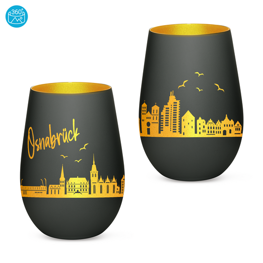 Hochwertiges Glas Windlicht mit Gravur "SKYLINE OSNABRÜCK" in der Farbe Schwarz/Gold