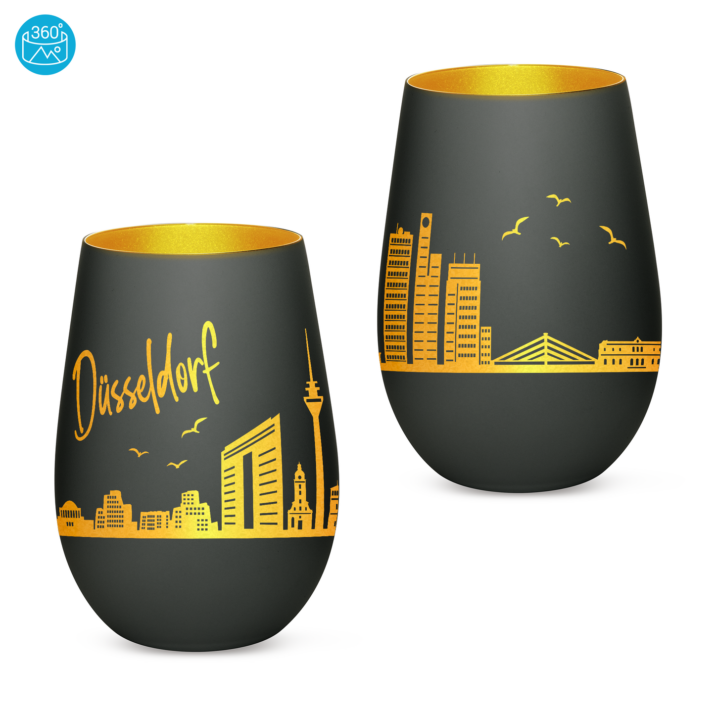 Hochwertiges Glas Windlicht mit Gravur "SKYLINE DÜSSELDORF" in der Farbe Schwarz/Gold