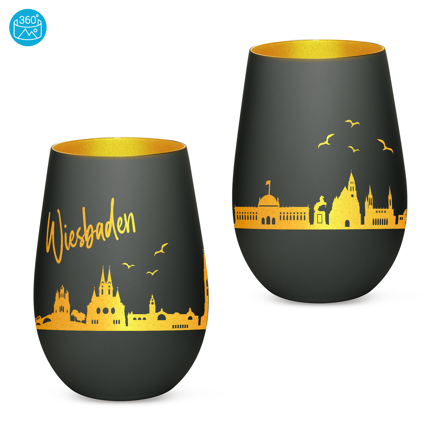 Hochwertiges Glas Windlicht mit Gravur "SKYLINE WIESBADEN" in der Farbe Schwarz/Gold