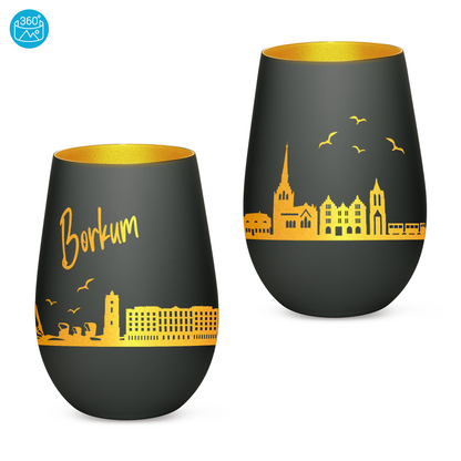 Hochwertiges Glas Windlicht mit Gravur "SKYLINE BORKUM" in der Farbe Schwarz/Gold