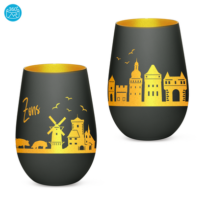 Hochwertiges Glas Windlicht mit Gravur "SKYLINE ZONS (DORMAGEN)" in der Farbe Schwarz/Gold