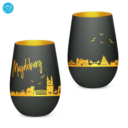Hochwertiges Glas Windlicht mit Gravur "SKYLINE MAGDEBURG" in der Farbe Schwarz/Gold