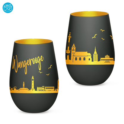 Hochwertiges Glas Windlicht mit Gravur "SKYLINE WANGEROOGE" in der Farbe Schwarz/Gold