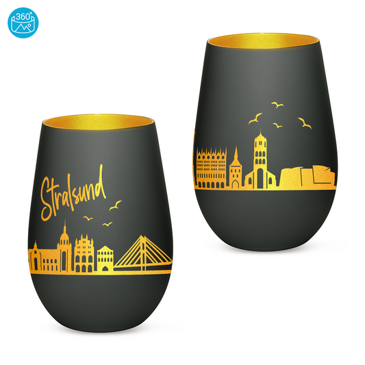 Hochwertiges Glas Windlicht mit Gravur "SKYLINE STRALSUND" in der Farbe Schwarz/Gold