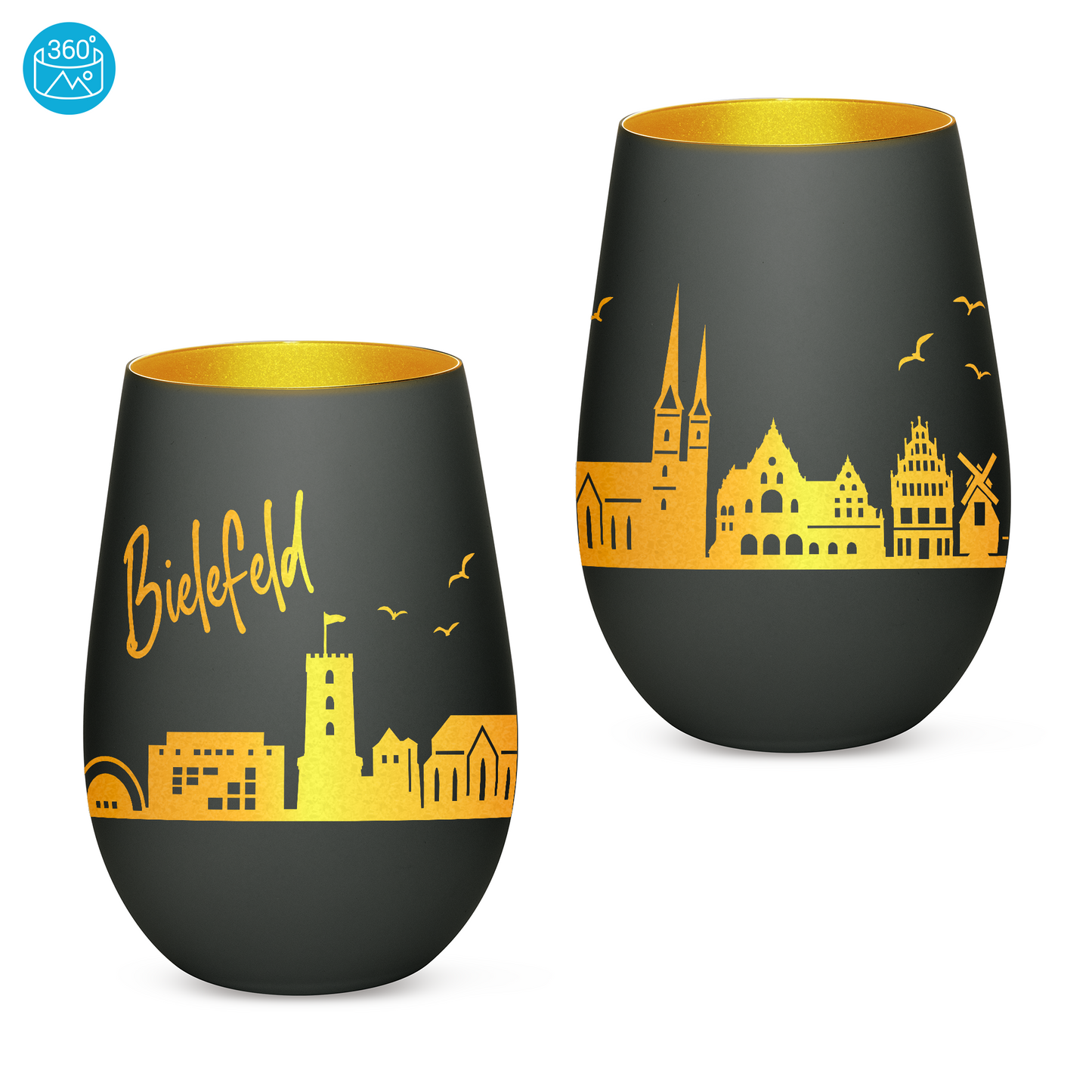 Hochwertiges Glas Windlicht mit Gravur "SKYLINE BIELEFELD" in der Farbe Schwarz/Gold