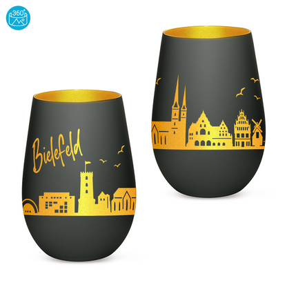 Hochwertiges Glas Windlicht mit Gravur "SKYLINE BIELEFELD" in der Farbe Schwarz/Gold