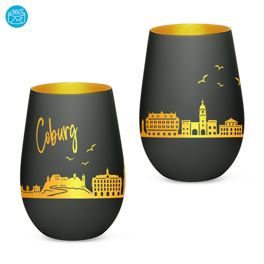 Hochwertiges Glas Windlicht mit Gravur "SKYLINE COBURG" in der Farbe Schwarz/Gold