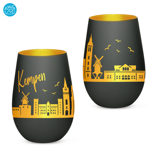 Hochwertiges Glas Windlicht mit Gravur "SKYLINE KEMPEN" in der Farbe Schwarz/Gold