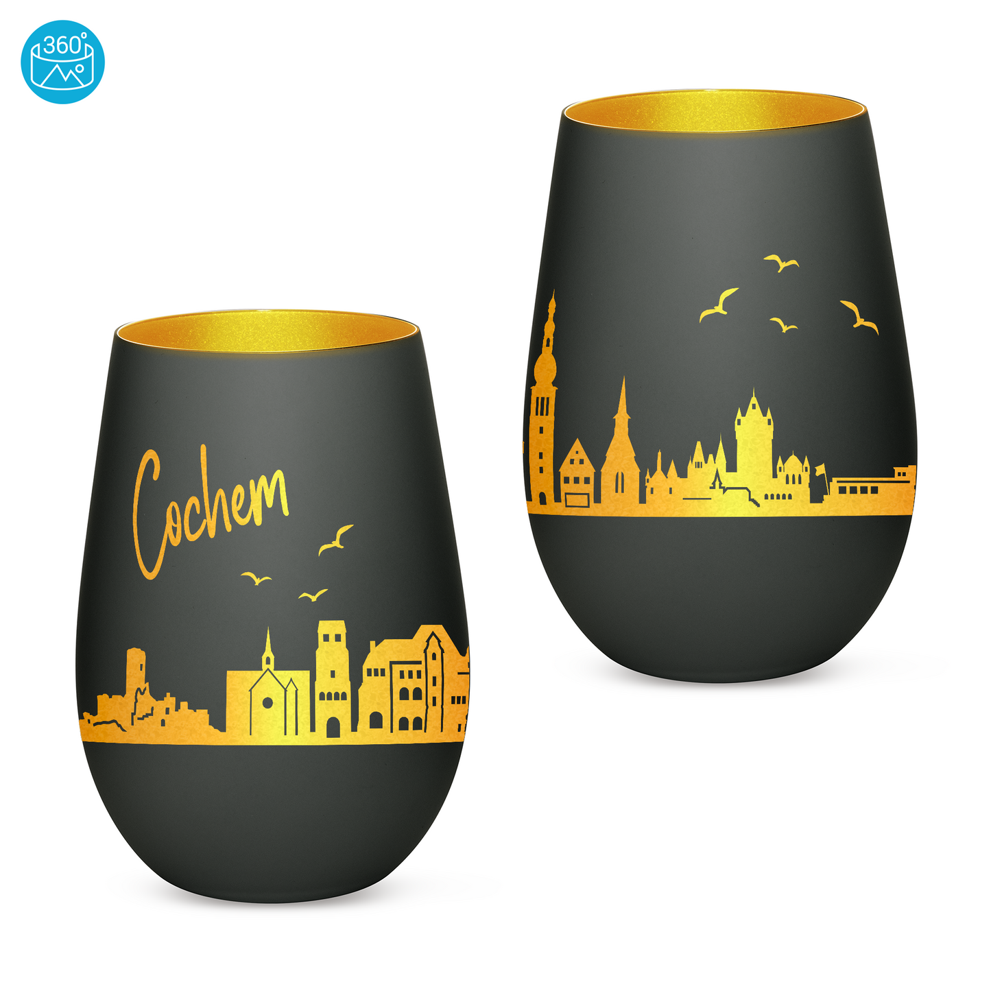 Hochwertiges Glas Windlicht mit Gravur "SKYLINE COCHEM" in der Farbe Schwarz/Gold
