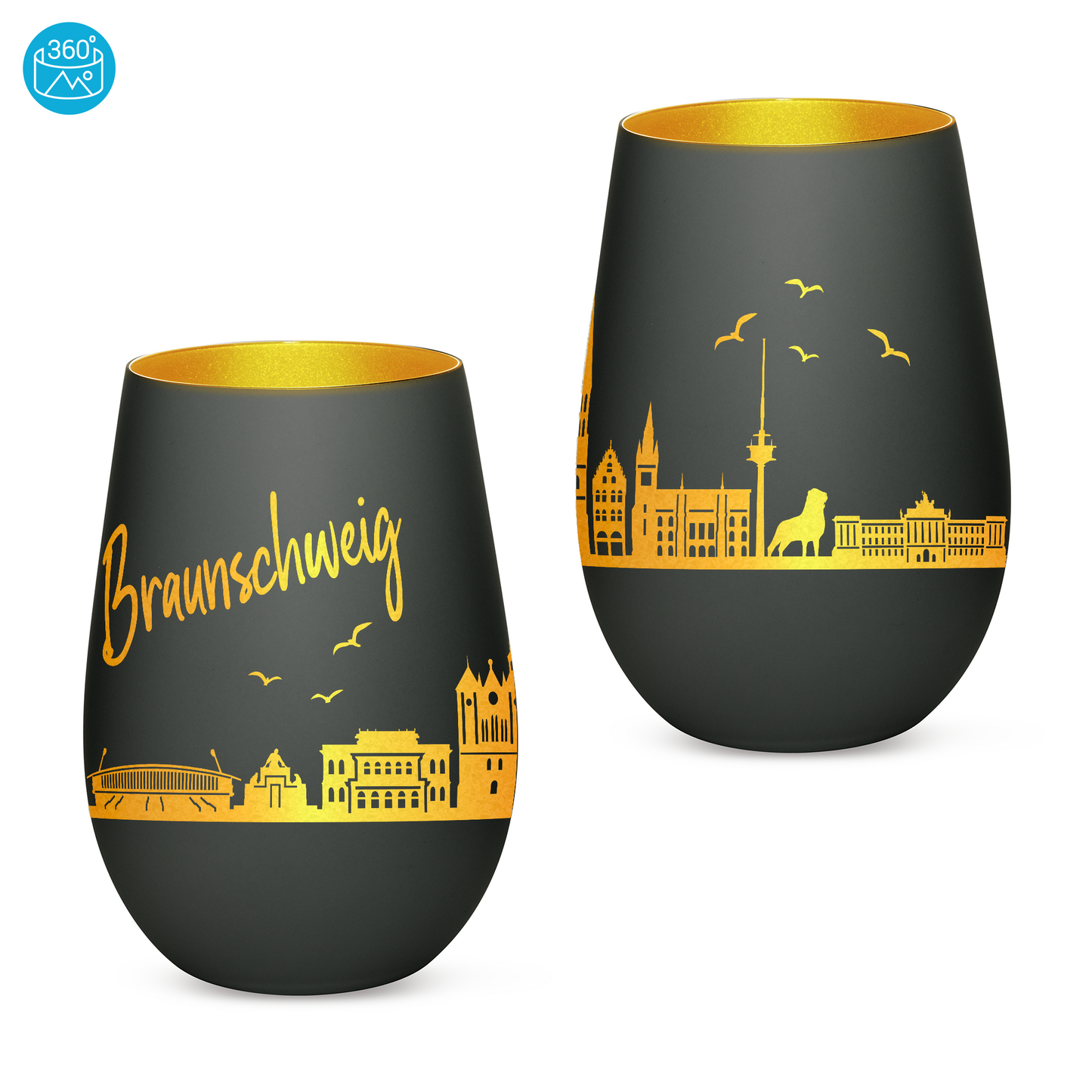 Hochwertiges Glas Windlicht mit Gravur "SKYLINE BRAUNSCHWEIG" in der Farbe Schwarz/Gold