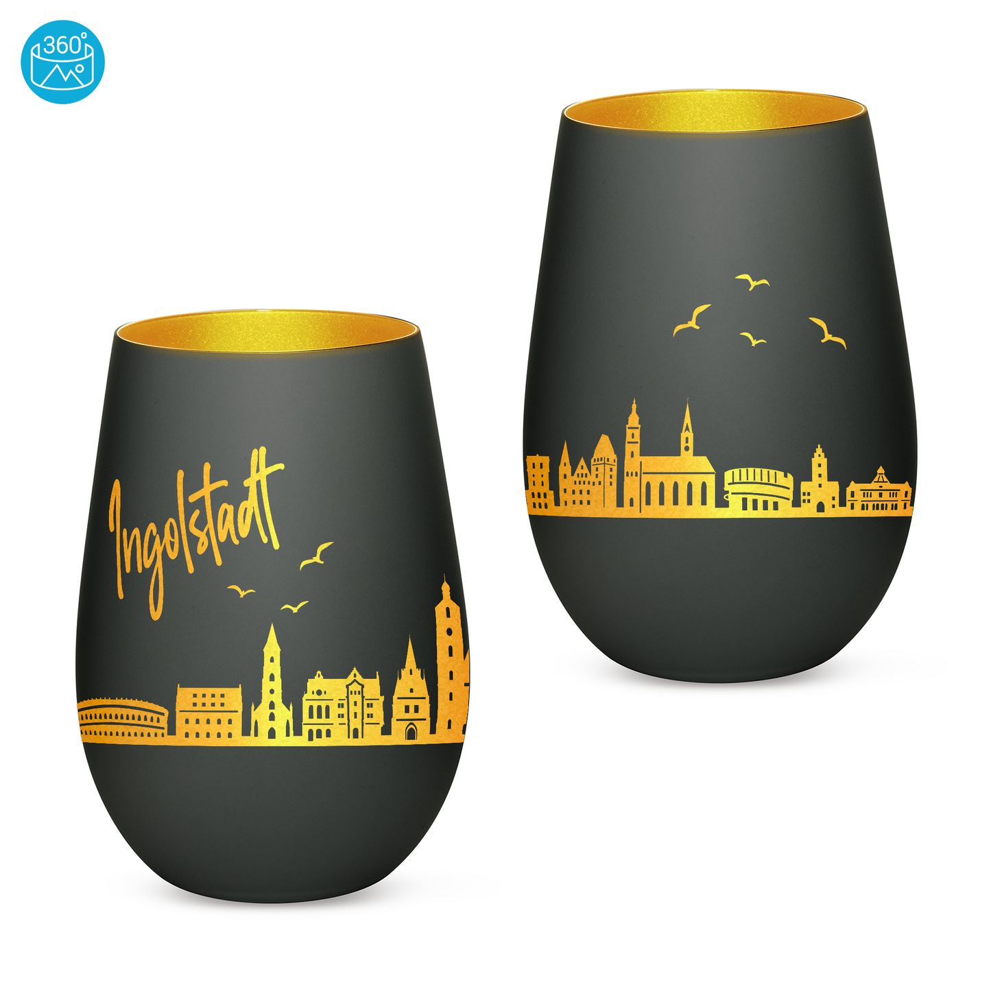 Hochwertiges Glas Windlicht mit Gravur "SKYLINE INGOLSTADT" in der Farbe Schwarz/Gold