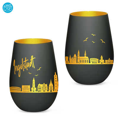 Hochwertiges Glas Windlicht mit Gravur "SKYLINE INGOLSTADT" in der Farbe Schwarz/Gold