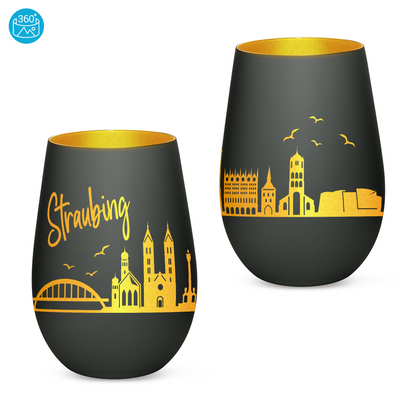 Hochwertiges Glas Windlicht mit Gravur "SKYLINE STRAUBING" in der Farbe Schwarz/Gold