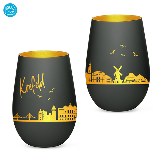 Hochwertiges Glas Windlicht mit Gravur "SKYLINE KREFELD" in der Farbe Schwarz/Gold
