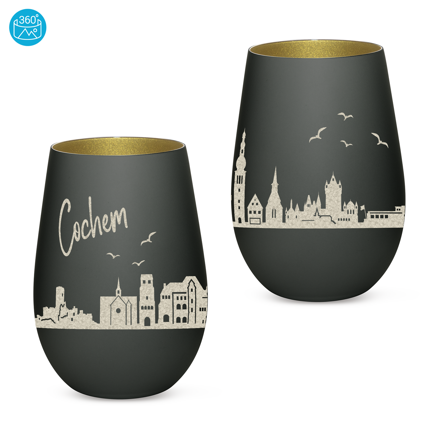 Hochwertiges Glas Windlicht mit Gravur "SKYLINE COCHEM" in der Farbe Schwarz/Gold
