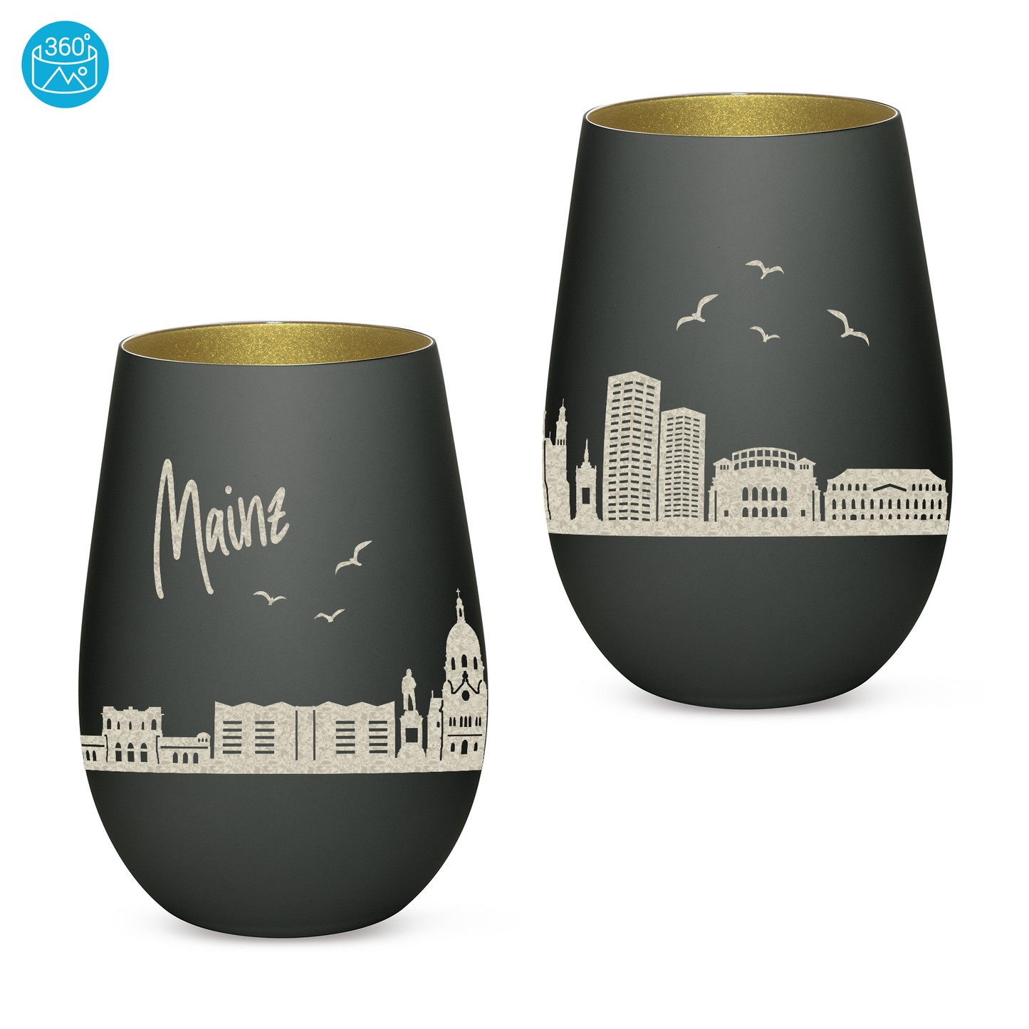 Hochwertiges Glas Windlicht mit Gravur "SKYLINE MAINZ" in der Farbe Schwarz/Gold