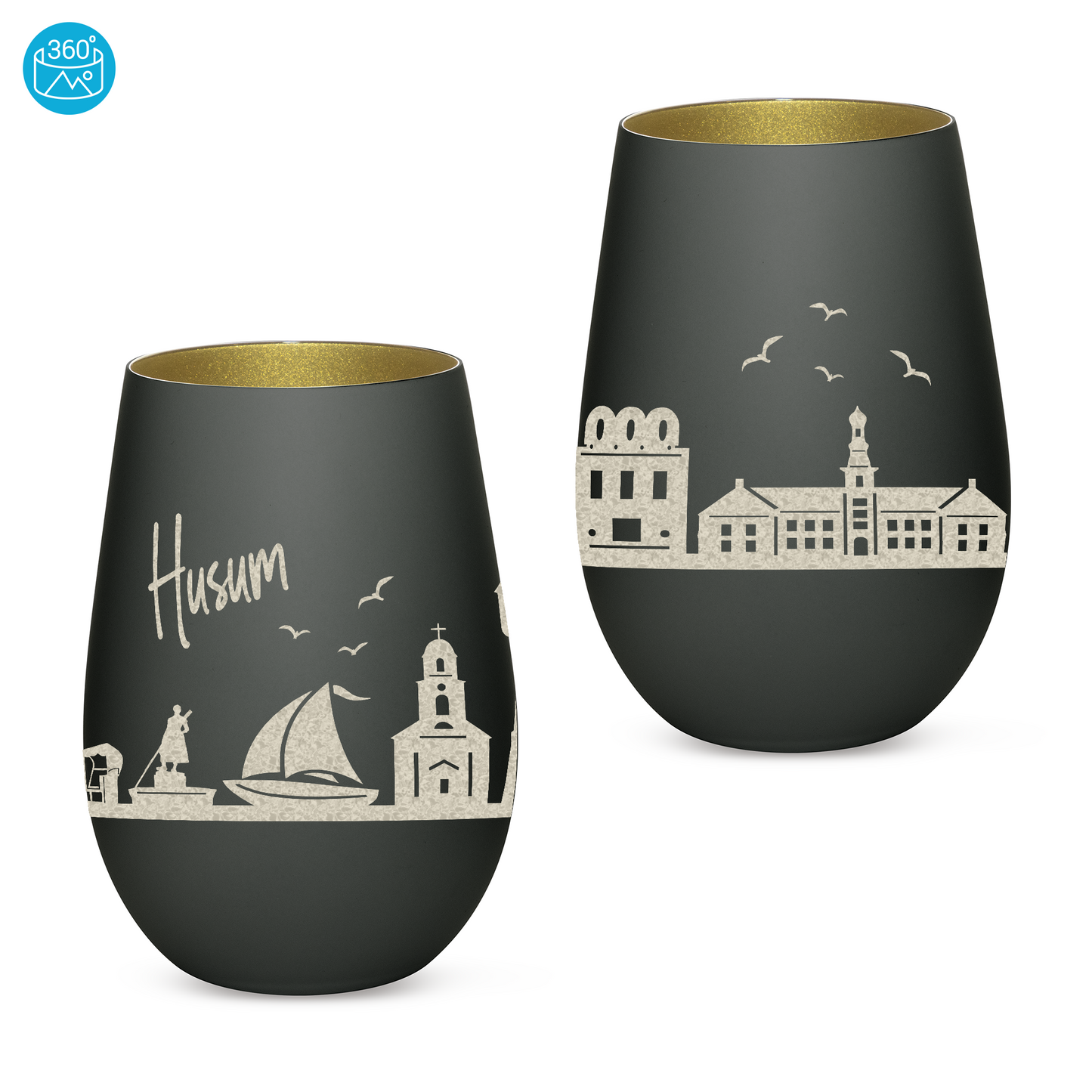 Hochwertiges Glas Windlicht mit Gravur "SKYLINE HUSUM" in der Farbe Schwarz/Gold
