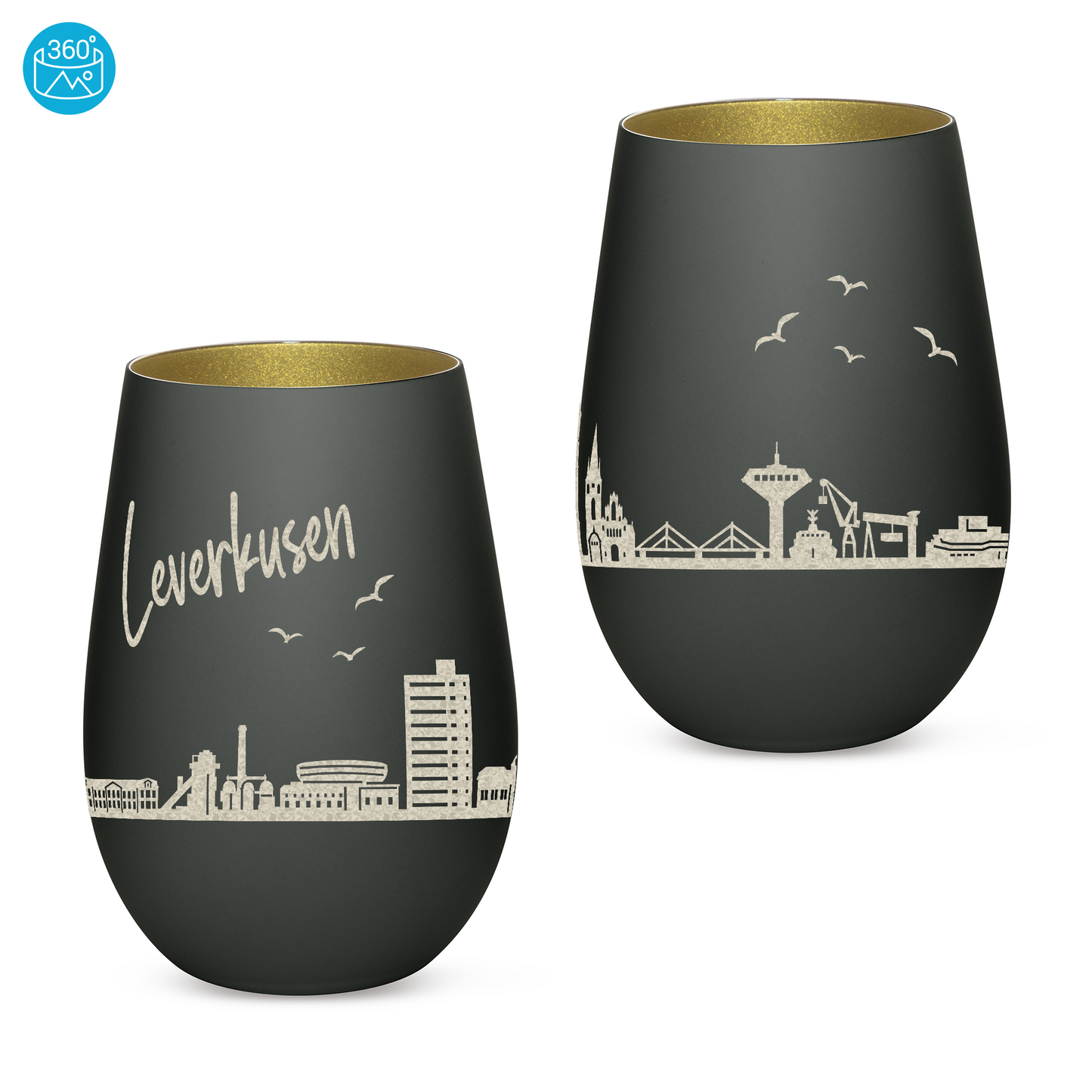 Hochwertiges Glas Windlicht mit Gravur "SKYLINE LEVERKUSEN" in der Farbe Schwarz/Gold
