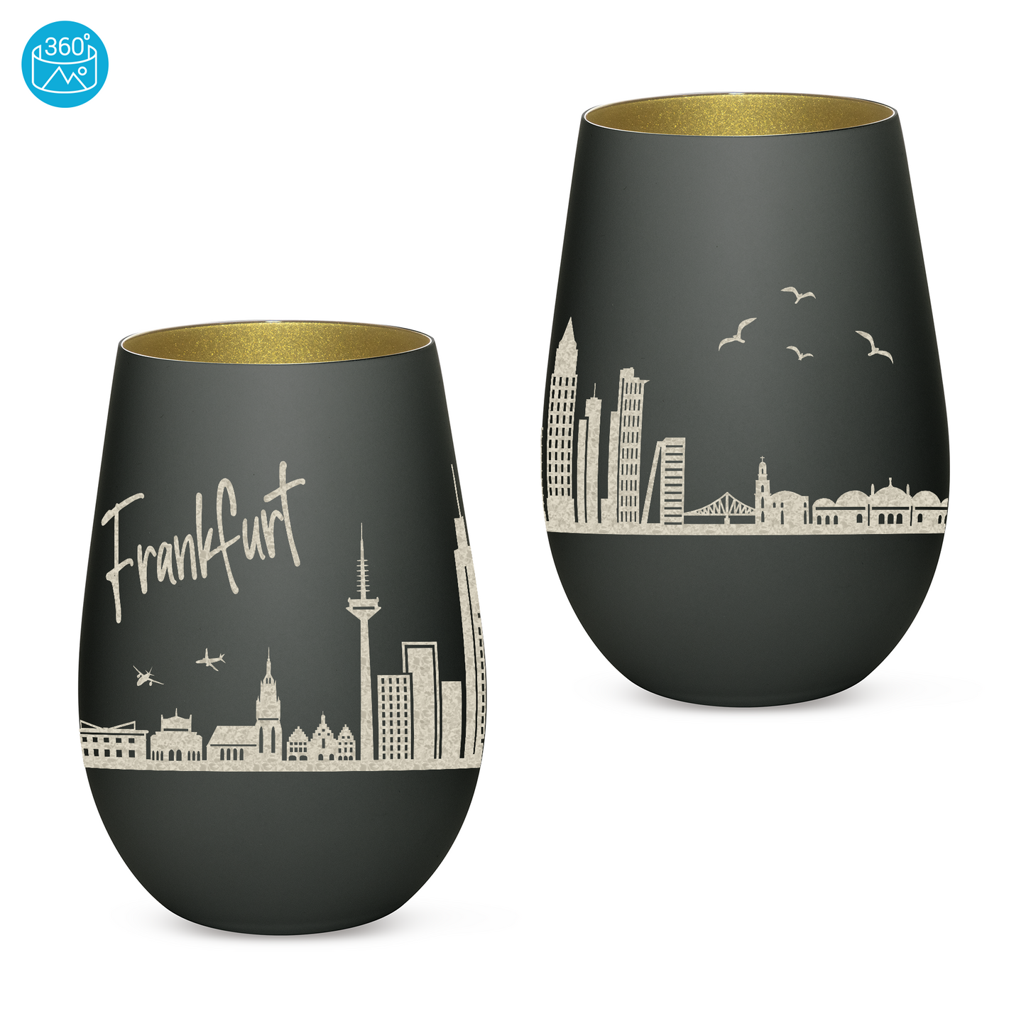 Hochwertiges Glas Windlicht mit Gravur "SKYLINE FRANKFURT" in der Farbe Schwarz/Gold