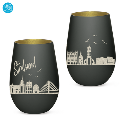 Hochwertiges Glas Windlicht mit Gravur "SKYLINE STRALSUND" in der Farbe Schwarz/Gold