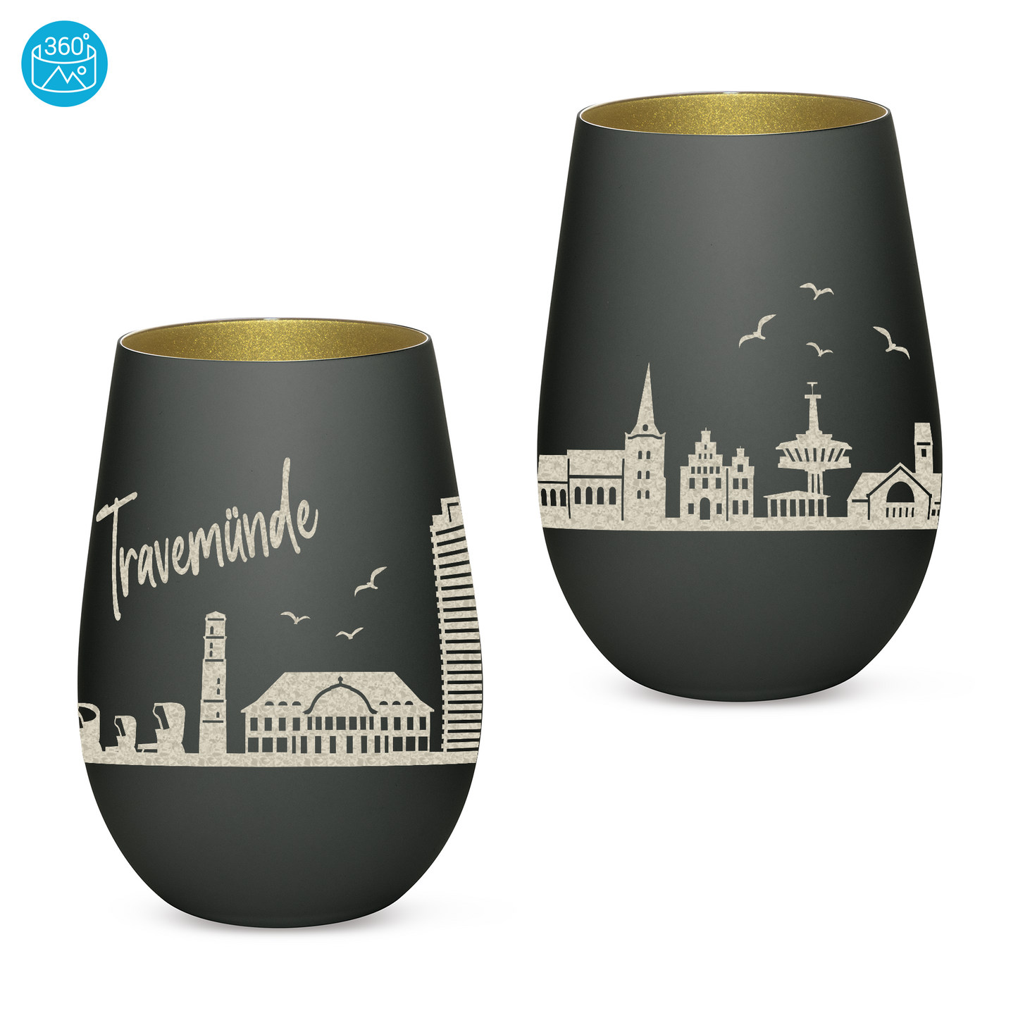 Hochwertiges Glas Windlicht mit Gravur "SKYLINE TRAVEMÜNDE" in der Farbe Schwarz/Gold