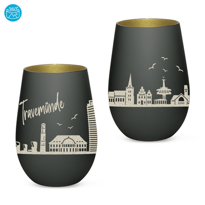 Hochwertiges Glas Windlicht mit Gravur "SKYLINE TRAVEMÜNDE" in der Farbe Schwarz/Gold