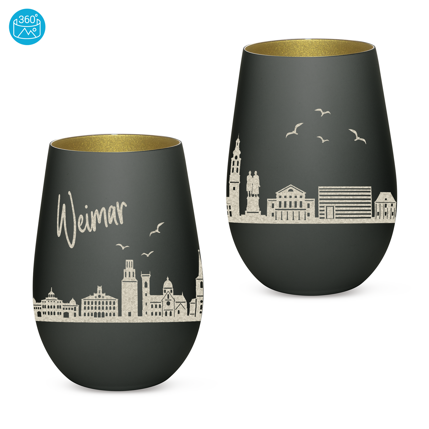 Hochwertiges Glas Windlicht mit Gravur "SKYLINE WEIMAR" in der Farbe Schwarz/Gold