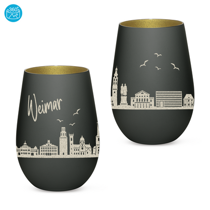 Hochwertiges Glas Windlicht mit Gravur "SKYLINE WEIMAR" in der Farbe Schwarz/Gold
