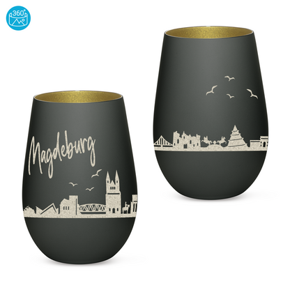Hochwertiges Glas Windlicht mit Gravur "SKYLINE MAGDEBURG" in der Farbe Schwarz/Gold