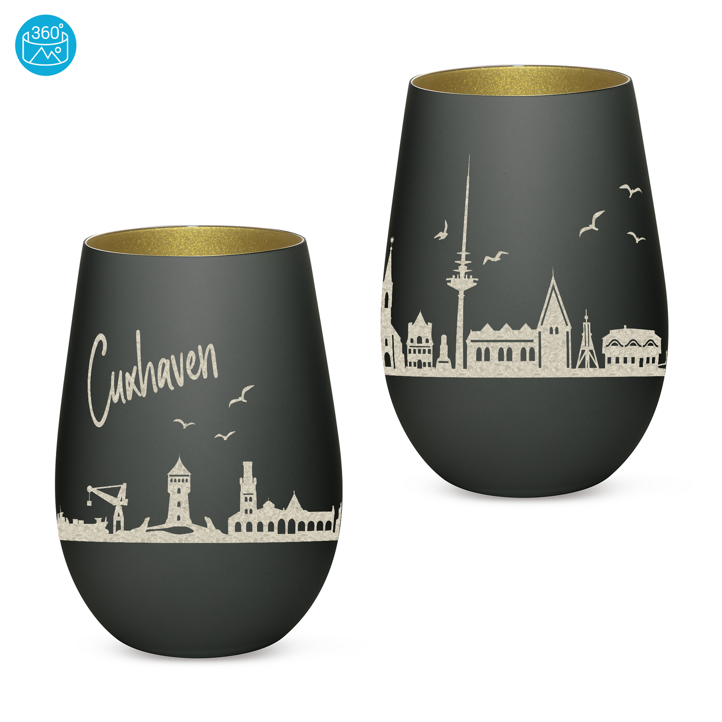 Hochwertiges Glas Windlicht mit Gravur "SKYLINE CUXHAVEN" in der Farbe Schwarz/Gold