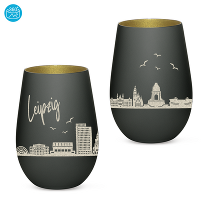 Hochwertiges Glas Windlicht mit Gravur "SKYLINE LEIPZIG" in der Farbe Schwarz/Gold