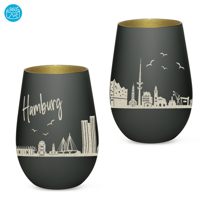 Hochwertiges Glas Windlicht mit Gravur "SKYLINE HAMBURG" in der Farbe Schwarz/Gold