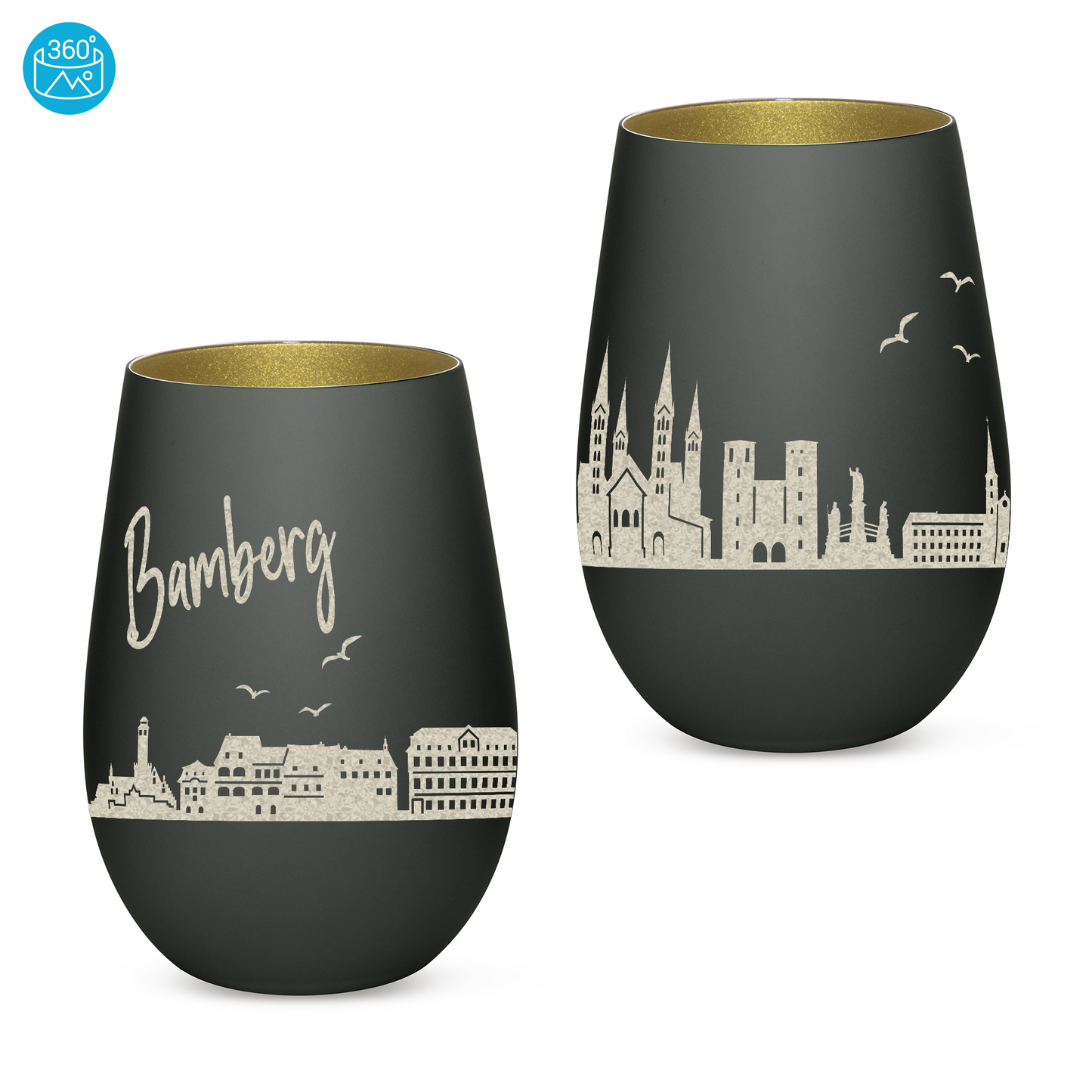 Hochwertiges Glas Windlicht mit Gravur "SKYLINE BAMBERG" in der Farbe Schwarz/Gold