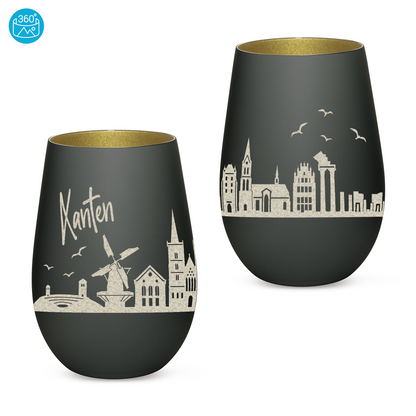 Hochwertiges Glas Windlicht mit Gravur "SKYLINE XANTEN" in der Farbe Schwarz/Gold