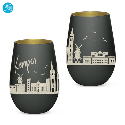 Hochwertiges Glas Windlicht mit Gravur "SKYLINE KEMPEN" in der Farbe Schwarz/Gold