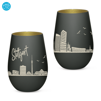 Hochwertiges Glas Windlicht mit Gravur "SKYLINE STUTTGART" in der Farbe Schwarz/Gold