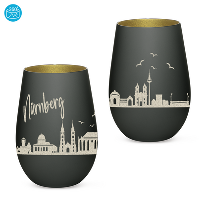 Hochwertiges Glas Windlicht mit Gravur "SKYLINE NÜRNBERG" in der Farbe Schwarz/Gold