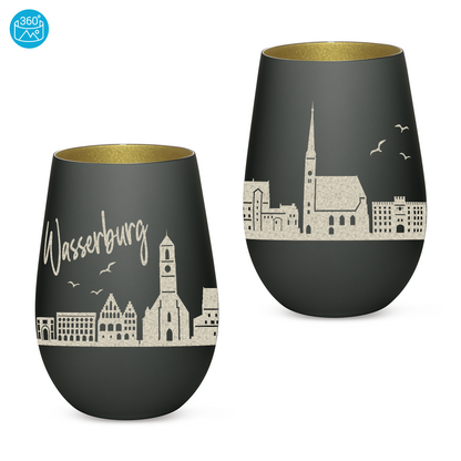 Hochwertiges Glas Windlicht mit Gravur "SKYLINE WASSERBURG" in der Farbe Schwarz/Gold