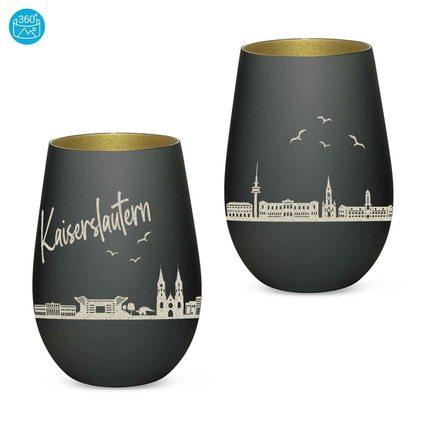 Hochwertiges Glas Windlicht mit Gravur "SKYLINE KAISERSLAUTERN" in der Farbe Schwarz/Gold