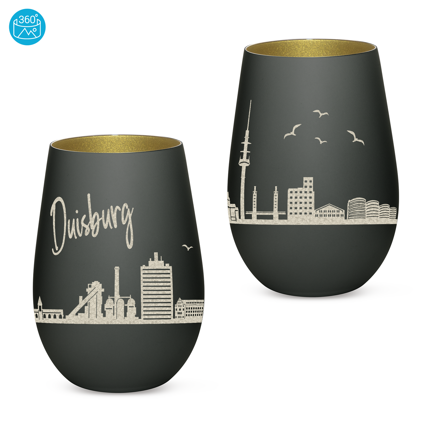 Hochwertiges Glas Windlicht mit Gravur "SKYLINE DUISBURG" in der Farbe Schwarz/Gold