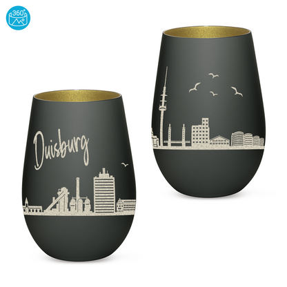 Hochwertiges Glas Windlicht mit Gravur "SKYLINE DUISBURG" in der Farbe Schwarz/Gold