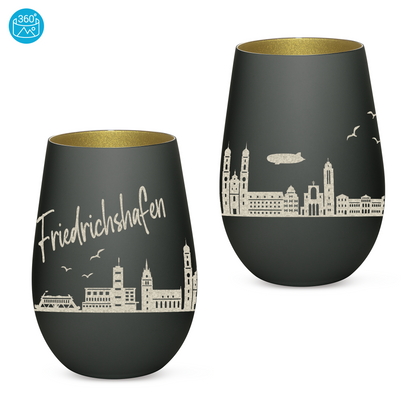 Hochwertiges Glas Windlicht mit Gravur "SKYLINE FRIEDRICHSHAFEN" in der Farbe Schwarz/Gold