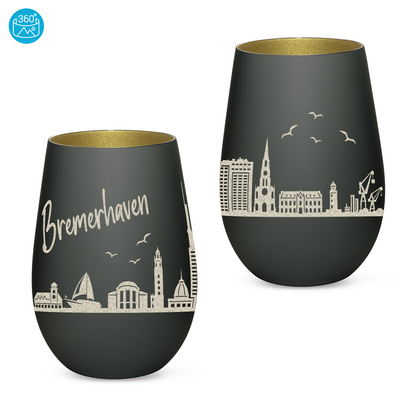 Hochwertiges Glas Windlicht mit Gravur "SKYLINE BREMERHAVEN" in der Farbe Schwarz/Gold
