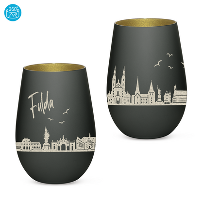 Hochwertiges Glas Windlicht mit Gravur "SKYLINE FULDA" in der Farbe Schwarz/Gold