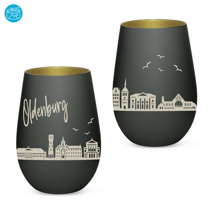 Hochwertiges Glas Windlicht mit Gravur "SKYLINE OLDENBURG" in der Farbe Schwarz/Gold