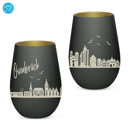 Hochwertiges Glas Windlicht mit Gravur "SKYLINE OSNABRÜCK" in der Farbe Schwarz/Gold