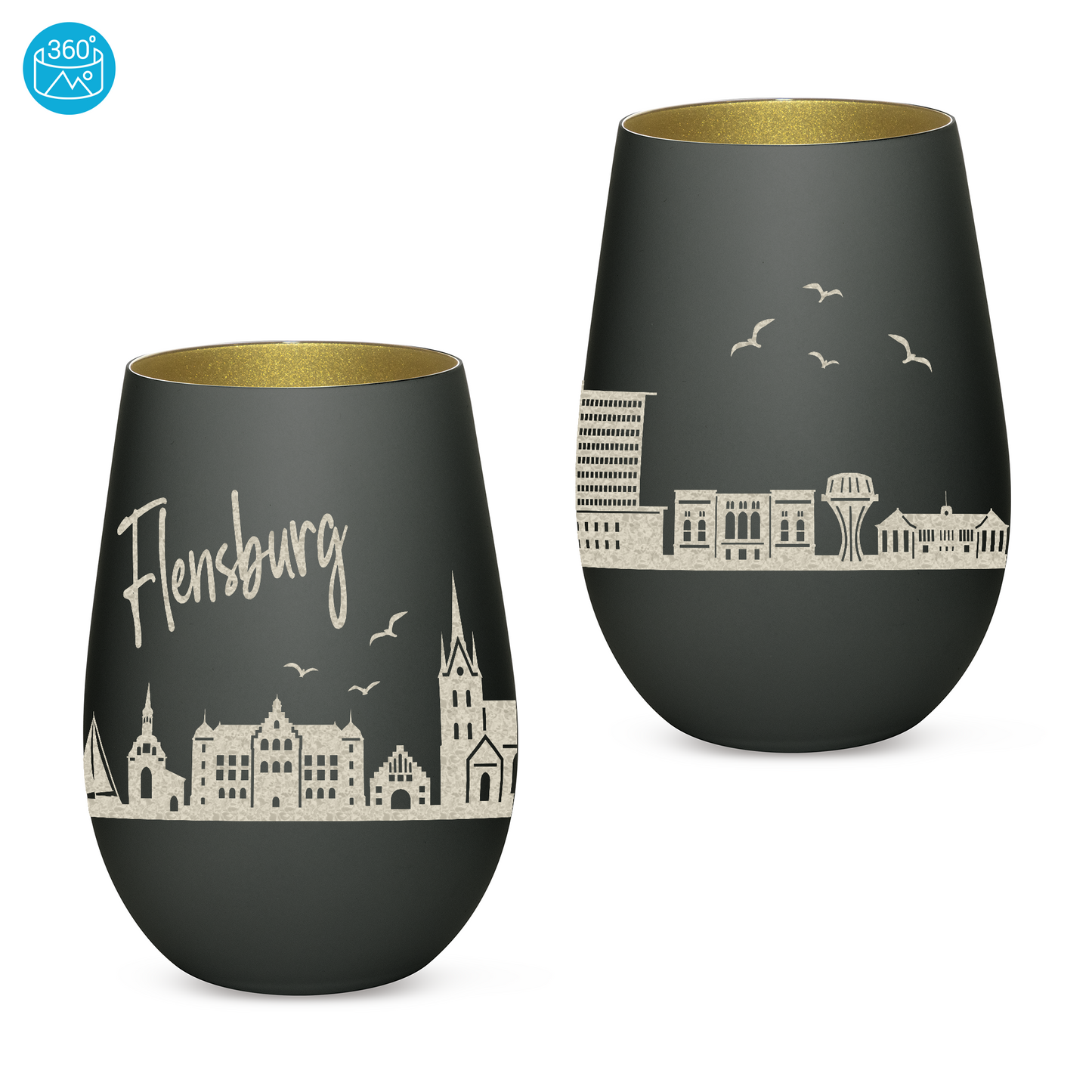 Hochwertiges Glas Windlicht mit Gravur "SKYLINE FLENSBURG" in der Farbe Schwarz/Gold